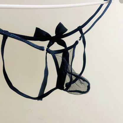 Men's Transparent Sheer Mesh Jockstrap, Sexy Underwear G-String Thong with Playful Side Bow Tie Sexy Panties