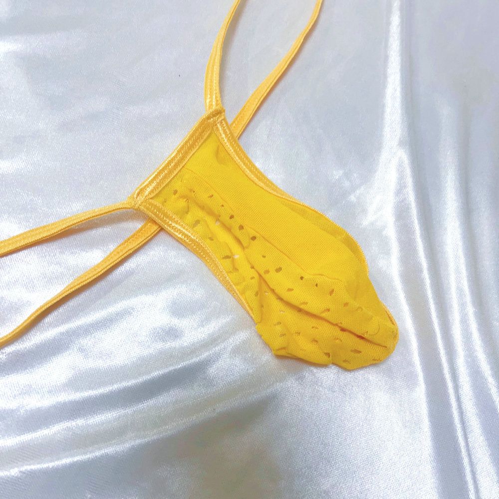 Men's Vibrant Yellow Breathable Mesh Jockstrap Elastic Sexy Micro G-String Sexy Thong Eyelet Transparent Tangas