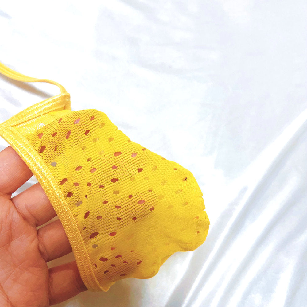 Men's Vibrant Yellow Breathable Mesh Jockstrap Elastic Sexy Micro G-String Sexy Thong Eyelet Transparent Tangas