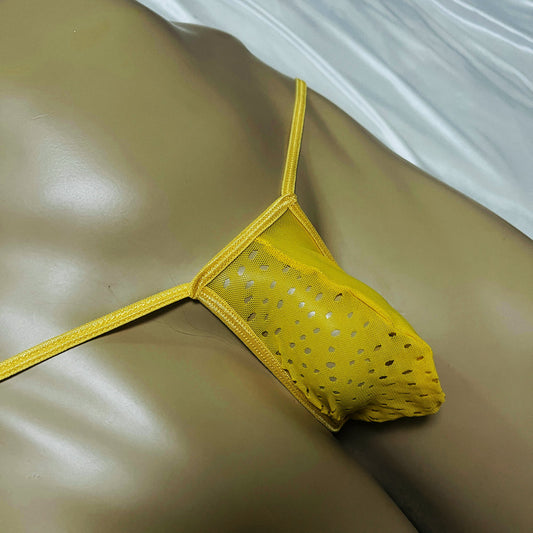 Men's Vibrant Yellow Breathable Mesh Jockstrap Elastic Sexy Micro G-String Sexy Thong Eyelet Transparent Tangas