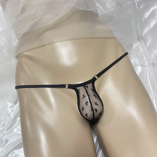 Sexy Mens Micro Mesh Thong G-String Snug Fit Heart Print Sheer Contour Pouch Underwear Exotic Low Rise T-Back Bulge Bikini Male Erotic Lingerie Underpants
