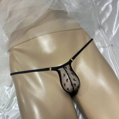 Sexy Mens Micro Mesh Thong G-String Snug Fit Heart Print Sheer Contour Pouch Underwear Exotic Low Rise T-Back Bulge Bikini Male Erotic Lingerie Underpants