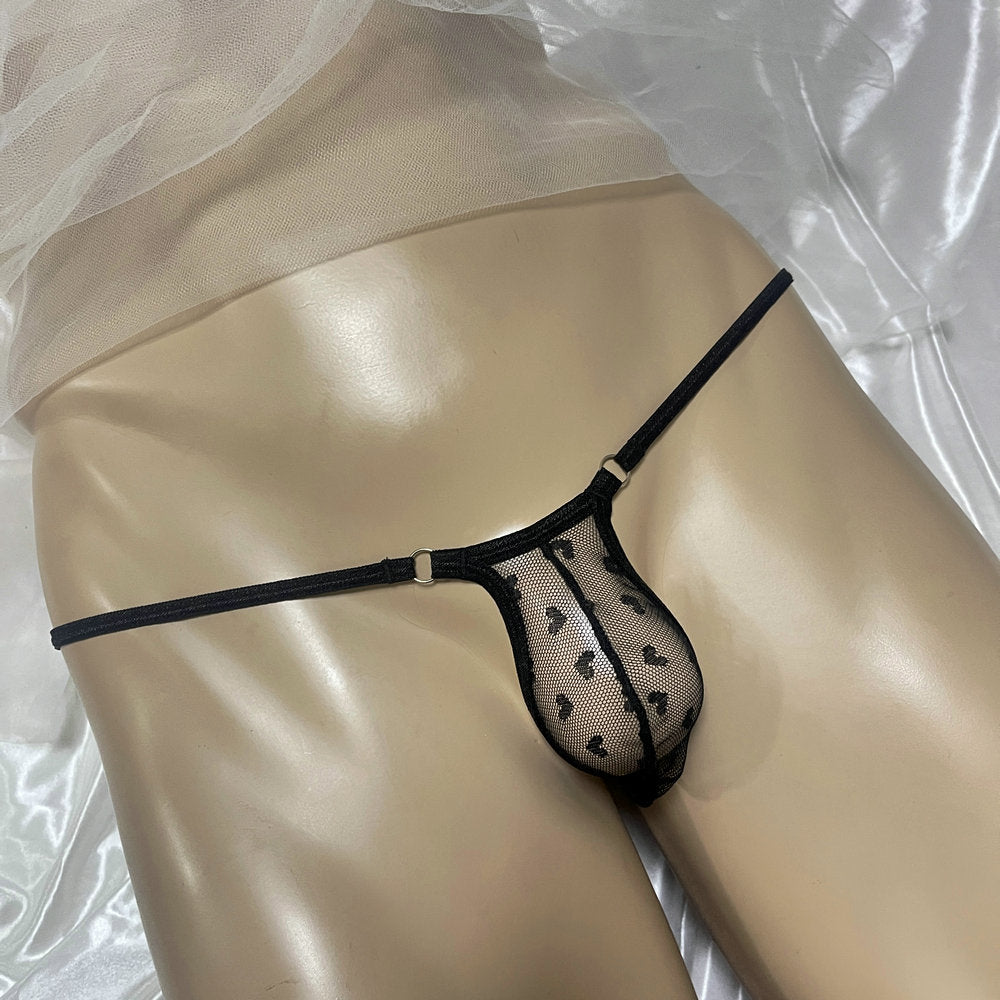 Sexy Mens Micro Mesh Thong G-String Snug Fit Heart Print Sheer Contour Pouch Underwear Exotic Low Rise T-Back Bulge Bikini Male Erotic Lingerie Underpants