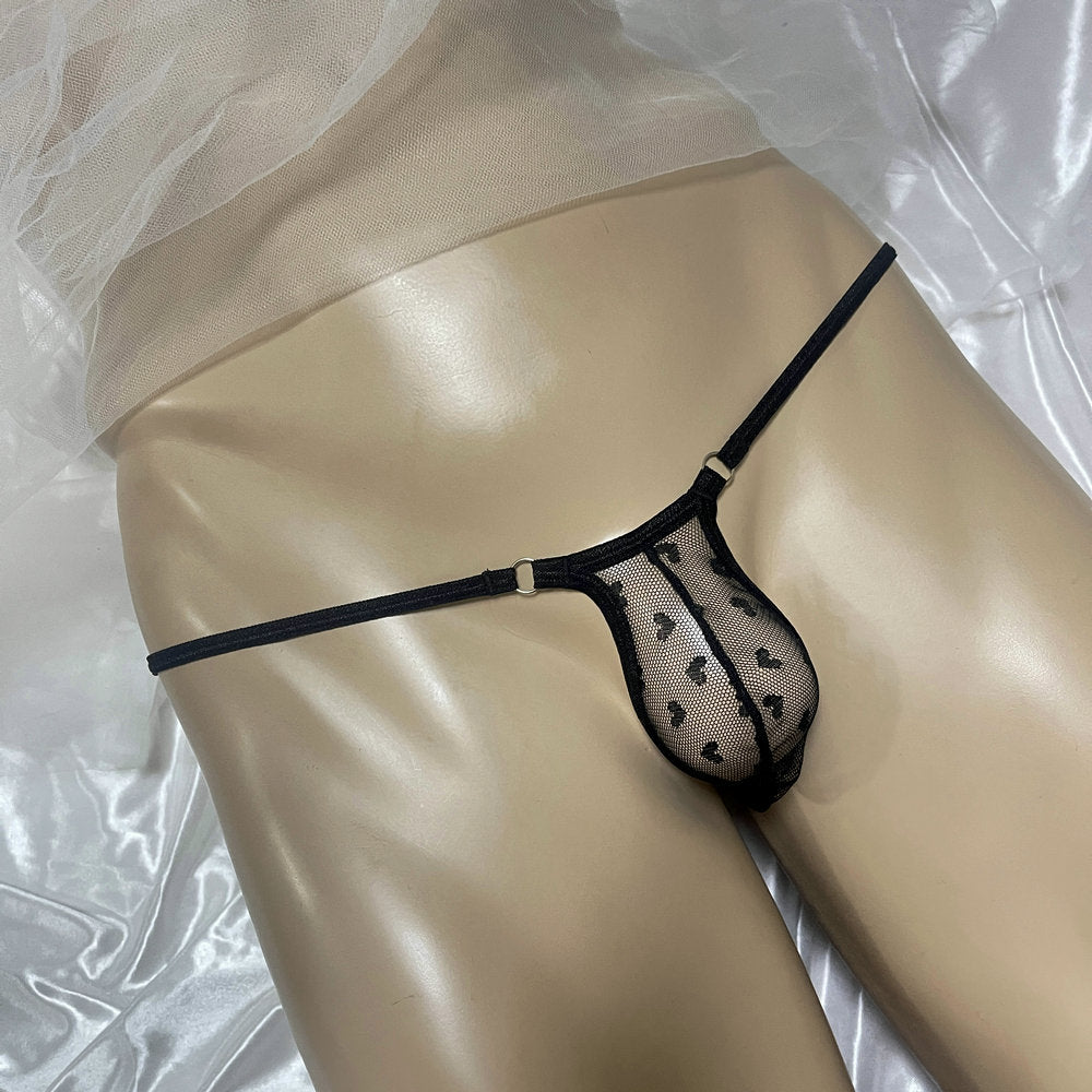 Sexy Mens Micro Mesh Thong G-String Snug Fit Heart Print Sheer Contour Pouch Underwear Exotic Low Rise T-Back Bulge Bikini Male Erotic Lingerie Underpants