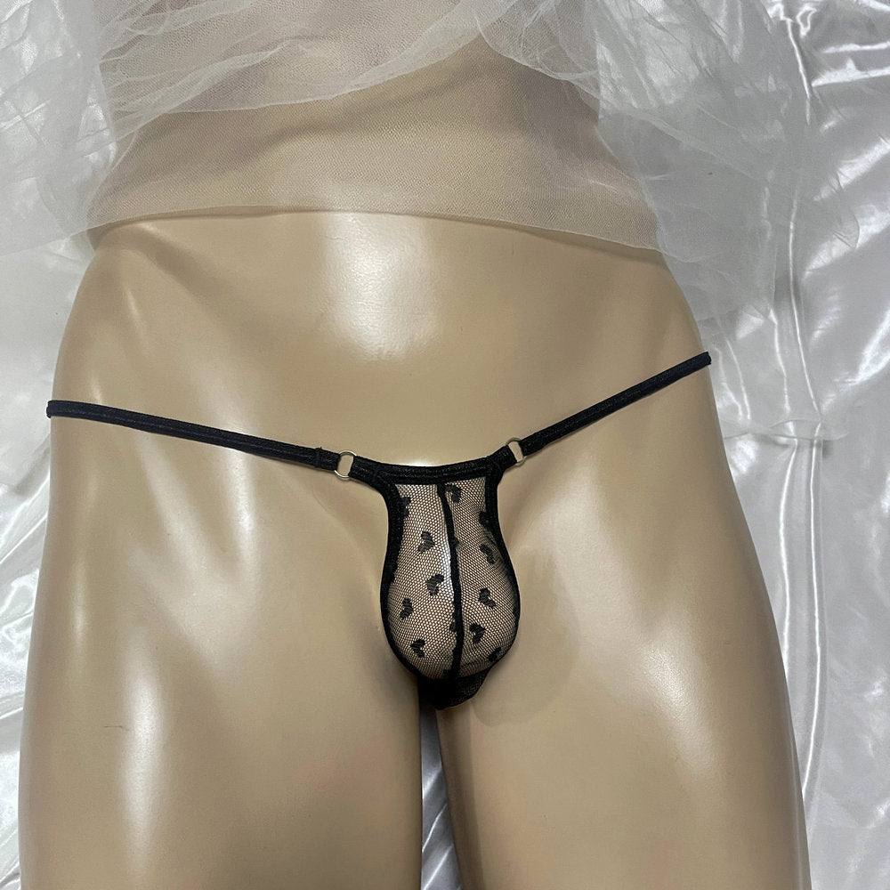Sexy Mens Micro Mesh Thong G-String Snug Fit Heart Print Sheer Contour Pouch Underwear Exotic Low Rise T-Back Bulge Bikini Male Erotic Lingerie Underpants