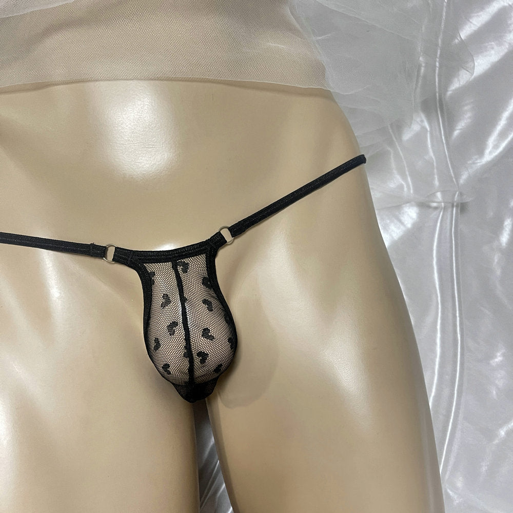 Sexy Mens Micro Mesh Thong G-String Snug Fit Heart Print Sheer Contour Pouch Underwear Exotic Low Rise T-Back Bulge Bikini Male Erotic Lingerie Underpants