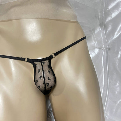 Sexy Mens Micro Mesh Thong G-String Snug Fit Heart Print Sheer Contour Pouch Underwear Exotic Low Rise T-Back Bulge Bikini Male Erotic Lingerie Underpants
