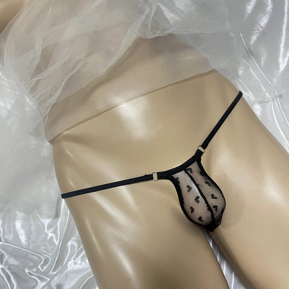 Sexy Mens Micro Mesh Thong G-String Snug Fit Heart Print Sheer Contour Pouch Underwear Exotic Low Rise T-Back Bulge Bikini Male Erotic Lingerie Underpants