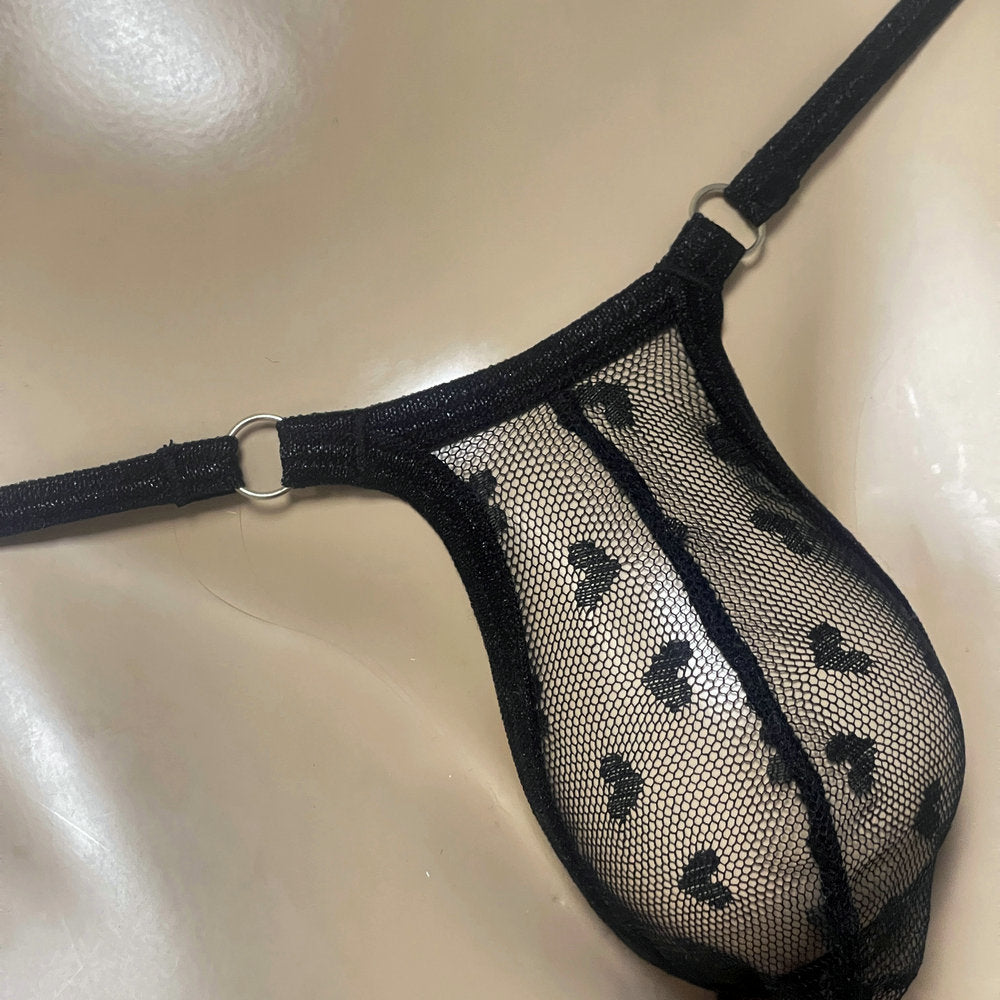 Sexy Mens Micro Mesh Thong G-String Snug Fit Heart Print Sheer Contour Pouch Underwear Exotic Low Rise T-Back Bulge Bikini Male Erotic Lingerie Underpants