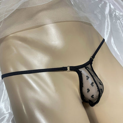 Sexy Mens Micro Mesh Thong G-String Snug Fit Heart Print Sheer Contour Pouch Underwear Exotic Low Rise T-Back Bulge Bikini Male Erotic Lingerie Underpants