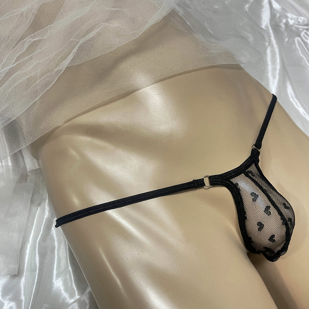 Sexy Mens Micro Mesh Thong G-String Snug Fit Heart Print Sheer Contour Pouch Underwear Exotic Low Rise T-Back Bulge Bikini Male Erotic Lingerie Underpants