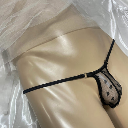 Sexy Mens Micro Mesh Thong G-String Snug Fit Heart Print Sheer Contour Pouch Underwear Exotic Low Rise T-Back Bulge Bikini Male Erotic Lingerie Underpants