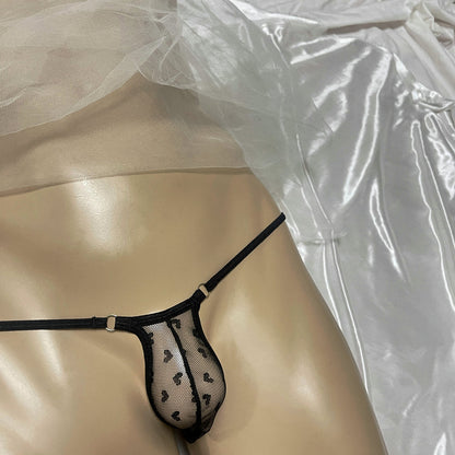 Sexy Mens Micro Mesh Thong G-String Snug Fit Heart Print Sheer Contour Pouch Underwear Exotic Low Rise T-Back Bulge Bikini Male Erotic Lingerie Underpants
