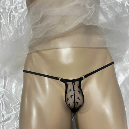 Sexy Mens Micro Mesh Thong G-String Snug Fit Heart Print Sheer Contour Pouch Underwear Exotic Low Rise T-Back Bulge Bikini Male Erotic Lingerie Underpants