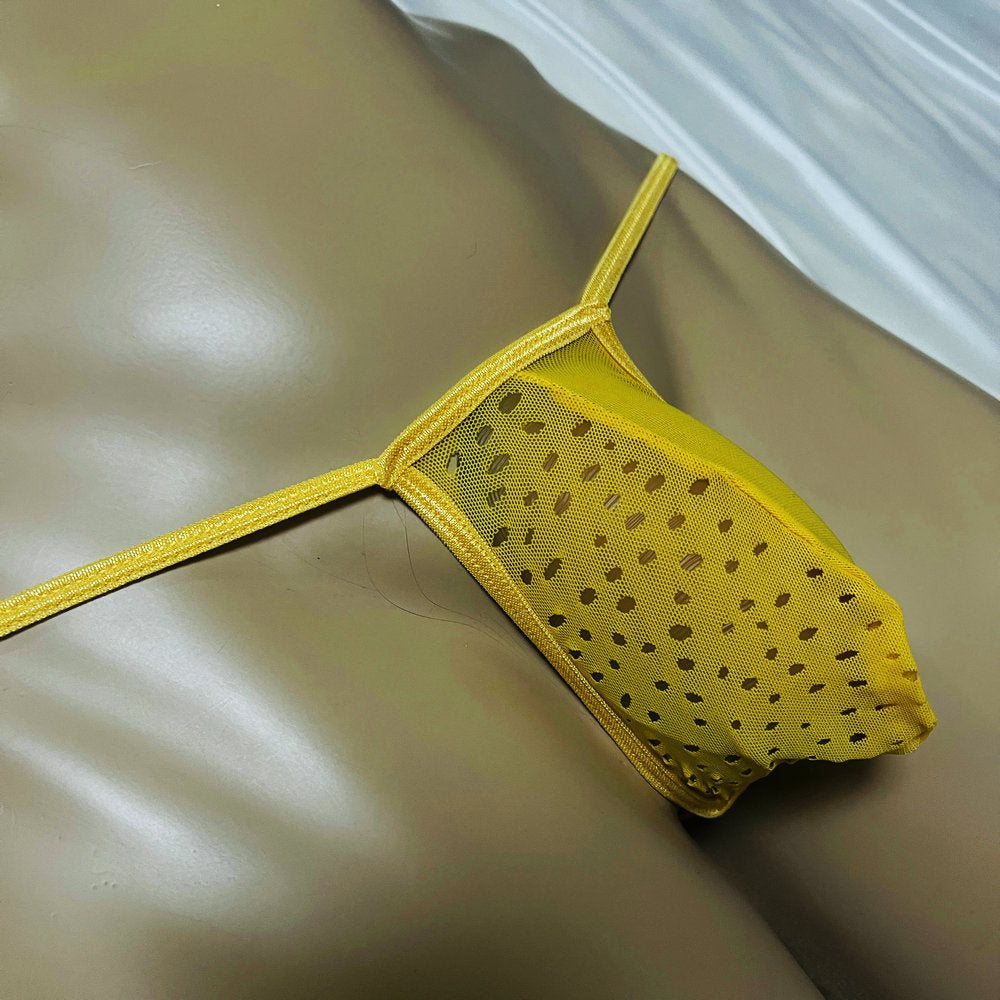 Men's Vibrant Yellow Breathable Mesh Jockstrap Elastic Sexy Micro G-String Sexy Thong Eyelet Transparent Tangas