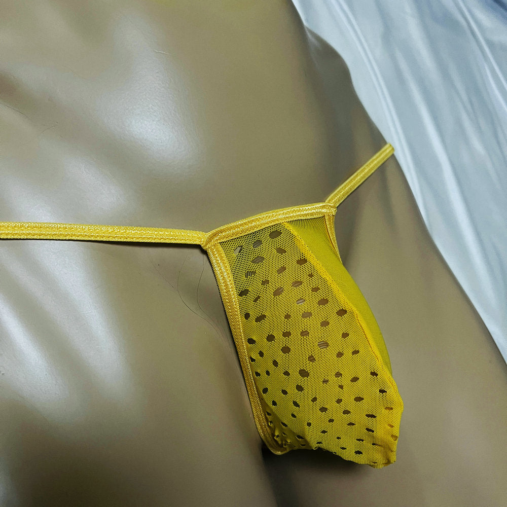 Men's Vibrant Yellow Breathable Mesh Jockstrap Elastic Sexy Micro G-String Sexy Thong Eyelet Transparent Tangas