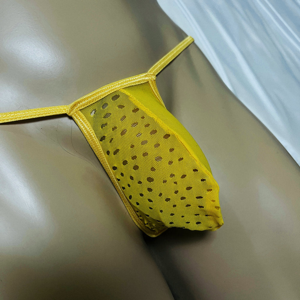 Men's Vibrant Yellow Breathable Mesh Jockstrap Elastic Sexy Micro G-String Sexy Thong Eyelet Transparent Tangas
